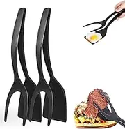 2-in-1 Egg Spatula Tongs for Effortless Cooking - Flip, Grip & Serve Pancakes, Eggs, Fish, and More with Ease! Set of 2 (Black)