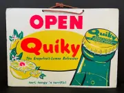 Vintage QUIKY Soda CARDBOARD HANGING Open Closed 2-Sided Store Sign 14 x 10 NOS!