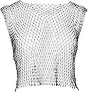 [WeeH] Mesh Crop Top Fishnet Sleeveless Cloth Top Rhinestone Body Chain Tank Top
