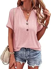 [Eniloyal] T Shirt Women's Summer V Neck Tops Short Sleeve Elegant Basic Top T-Shirt Button Down Loose