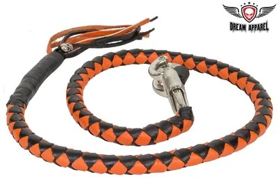 42" Genuine Hand-Braided Leather Orange & Black Get Back Whip For Motorcycles