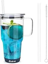 Zukro 32 oz Drinking Glass Tumbler with Handle, Iced Coffee Cup with Straw and Lid, Reusable Clear Glass Water Cup With Silicone Bumper Fits In Cupholder, Dishwasher Safe, BPA Free, Bluehorizon