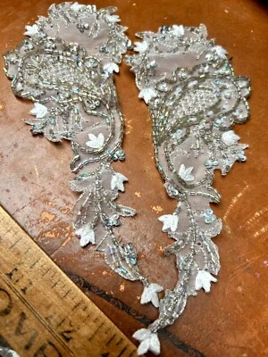 collar beaded embroidered paisley 3x7.5" hand sewn 2pcs white borealis