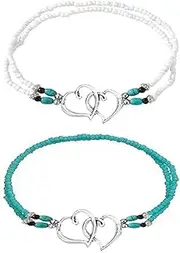 [Generic] 2PCS Beaded Anklets for Women with Silver Double Heart Stretch Elastic Ankle Bracelets for Women Summer Boho Jewelry