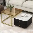 2-in-1 Nesting Coffee Table with Wheels & Drawers, Stackable Side Table，Black