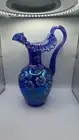 Fenton 1995 Blue Carnival Glass Pitcher w/ Hand Painted Flowers and Signed