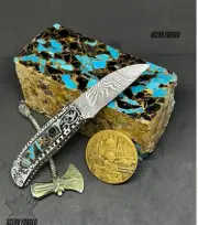 Custom Handmade Damascus steel Luxury Folding knife with Turquoise stone handle