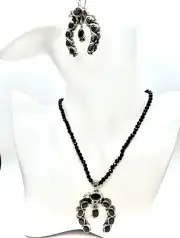 Elite Shungite Squash Blossom Set Of Bear Pendant with Black Spinel & Earrings