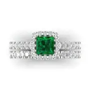 1.60ct Princess Cut Halo Pave Emerald Ring bridal Set 14k White solid Gold