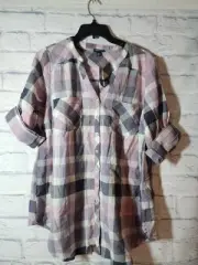 Torrid 00 Top Blouse Plaid Purple NWT New Button Up Roll Up Sleeves
