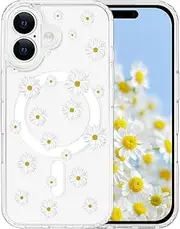 Tcaraersing for iPhone 16 Plus Flower Magnetic Case [Compatible with MagSafe] Floral Pattern Clear Shockproof [Hard PC Back Soft TPU Edge] Slim Cover for Girls Women (iPhone 16 Plus 6.7'', Daisy)