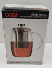 OGGI Glass Teapot With Built In Stainless Steel Infuser 8 Cup Capacity NEW