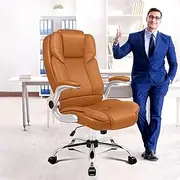 [ALFORDSON] Executive Office Chair with Flip-up Armrests, Swivel Ergonomic Computer Home Desk Chair for Study Work, High Back PU Leather Video Gaming Chairs, Saxon Series, Brown