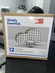 Black And White Grid Stoneware Dinnerware Set, 12-Piece Set