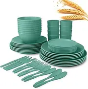 Wrova 64-Piece Service for 8 Dinnerware Set - Unbreakable Wheat Straw Dinnerware sets of 64 - Dinner plates/Snack plates/Cereal bowls/Drinking Cups/Cutlery for Outdoor camping and indoors.Green