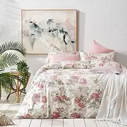 [Eikei] Home French Country Garden Toile Floral Printed Duvet Quilt Cover Cotton Bedding Set Asian Style Tapestry Pattern Chinoiserie Peony Blossom Tree Branches Multicolored Pattern (King, Ivory)