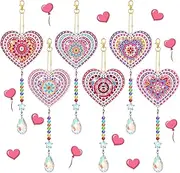 Perthlin 6 Pieces Pink Heart Diamond Art Kits Double Sided Heart Suncatchers Wind Chimes Diamond Art Ornaments for Craft Gifts Hanging Accessories