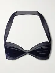 [Norma Kamali] Norma Kamali - Bill Ruched Mesh Halterneck Bikini Top - Navy - small small Blue