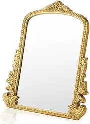 Threehoney Vintage Vanity Makeup Desk Makeup Mirror Antique Gold Tabletop Mirror 11.8" x 9.6" Arch Table Mirror with Stand Vintage Room Decor for Living Room, Bedroom Dresser, Desktop