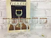 Vintage Geneve Bohemia Crystal Cordial Liquor 2 oz Glasses Set Of 6 Box Gold Rim