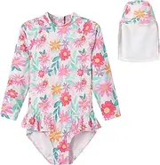 [LittleSpring] Girls One Piece Swimsuits with Hat UPF 50+ Long Sleeve Rash Guard Bathing Suit 2-6 Years