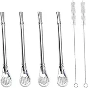 4-Pack Yerba Mate Straws, Stainless Steel Spoon Straws with Filters - Reusable Loose Leaf Tea Drinking Straws & Stirring Spoons, Includes 2 Cleaning Brushes