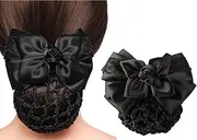 Women Bowknot Snood Net Barrette Hair Clip Bun Cover Hairnet Satin Bow Barrette French Hair Clips Ribbon Flower Hair Accessories for Stewardess Banks Hotels Restaurant Staff (Black)