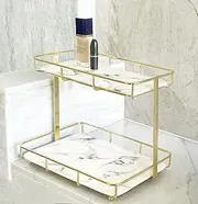 Dobbyby Makeup Organizer Cosmetics Storage Bathroom Organizer Countertop Display Rack 2 Tier Vanity Tray in Dresser Stainless Steel Gold Shelf White Marble Print Ceramic Tray (XL-Gold)