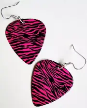 Hot Pink Zebra Animal print guitar pick earrings! Rockabilly Punk Retro 80s