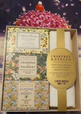 Crabtree & Evelyn Heritage Soaps & Hand Towel Essentials Gift Pack 3 X 200g