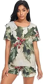 [RPLIFE] Christmas Holly Short Pajama Set Women, Matching Lounging Sets Women, Christmas Holly, Medium