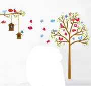 Tree, Pink & Blue Birds & Bird House Wall Decals - AW7157