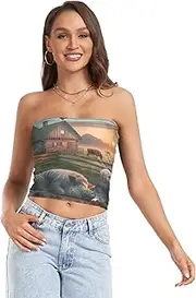 [RPLIFE] Farmhouse Rooster Pig Crop Top Mesh Tube Tops, Strapless Tube Top, Coastal Summer Clothes (S)