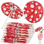 Tanlade 100 Pcs Summer Drink Umbrellas Cocktail Picks Mushroom Cocktail Umbrellas Sticks Paper Umbrella for Drinks with Bamboo Toothpicks Cocktail Skewers Mushroom Cupcake Toppers for Hawaiian Party