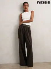 Reiss Chocolate Brown Camelia Wide-Leg Contrast-Waistband Trousers (H44712) | $310