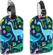 [GIAPB] 2Pcs Luggage Tag PU Leahter Travel Tags,Travel Bag Labels Suitcase Baggage Bag Tags,Dinosaurs Leaves Flowers Plants Animals