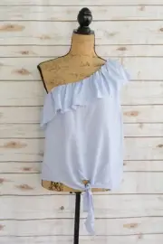 NWT Mossimo Pale BLUE striped RUFFLED neckline ONE shouldered rayon blouse XL