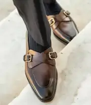 New Men's Handmade Brown Leather Formal Casual Double Monk Straps Oxford Shoes.