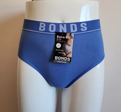 Bonds Ladies WQRQT MMN Violet Denim Tonal Retro Rib Hi Hi Brief Size 10 New