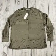 $298 VINCE LAGENLOOK Y2K VINTAGE ALOE GREEN SILK PEASANT BLOUSE MANDARIN COLLAR