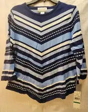 Alfred Dunner Women's Blouse PL Chevron Textured Blue Striped Assymetrical Hem