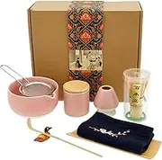 9-Piece Matcha Whisk Set, Elegant Tea Set Set, Matcha Preparation Set with Teaspoon, Matcha Bowl Ceramic, Matcha Whisk Holder, Matcha Powder Can, Spoon Holder, Tea Towel, Tea Strainer (Rosy)