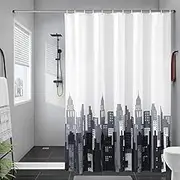 White Shower Curtain 200cm Drop with Weighted Hem for Wet Room - Heavy Duty Fabric Extra Wide 180-300cm Bathroom Curtain with Tower Pattern
