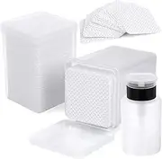 400 Pieces Nail Cotton Pads,1 Pull-Down Pump Dispenser Bottle, Super Absorbent Soft Non-Woven Eyelash Glue Wipes, Nail Polish dehumidifier for Eyelash Extension Products and Nail Oil Bottle (White)