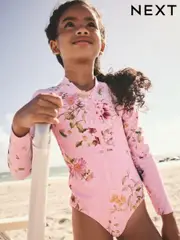 Pink Floral Long Sleeved Sunsafe Swimsuit (3-16yrs) (E76816) | $37 - $48