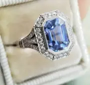 Art Deco Style Lab-Created Diamond Emerald Cut & Sapphire Ring 14K White Gold FN