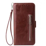 For Samsung S10 Solid Pu Leather Zipper Wallet Double Buckle Protective Case With Stand and Lanyard Brown