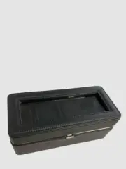 Perry Ellis Mens Black 4 Slot Cushion Lid Faux Leather Case Slim Watch Box..