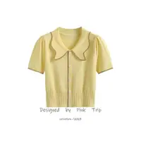 在飛比找ETMall東森購物網優惠-復古翻領針織衫鵝黃色上衣短袖