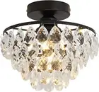Modern Small Crystal Ceiling Light Fixture Mini Black Semi Flush Mount Chandelie